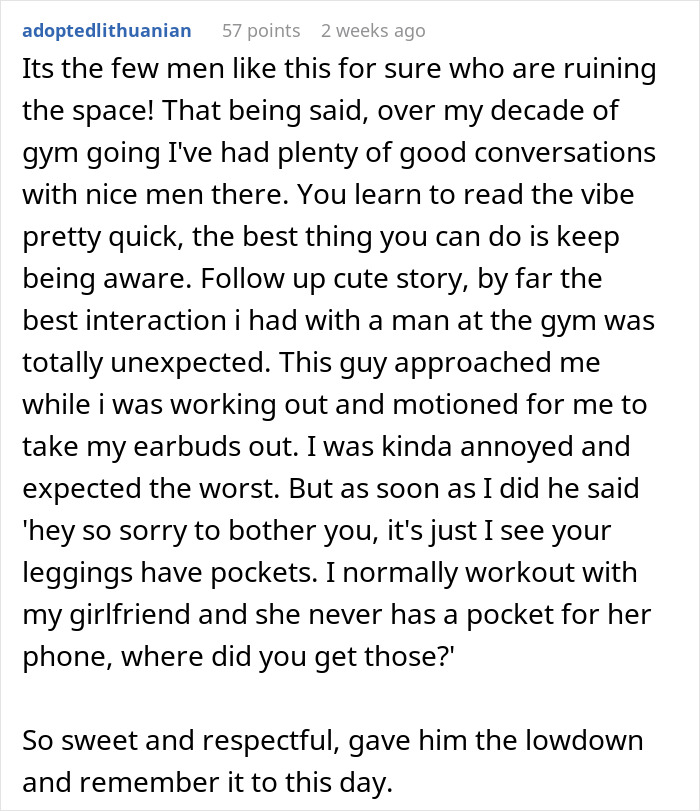 Alt text: Text discussing gym flirting experiences and why some men ruin the space, highlighting respectful gym interactions.