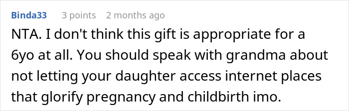 Comment discussing a mom furious over MIL's weird gift to her pregnancy-obsessed 6-year-old, highlighting concerns about the gift.