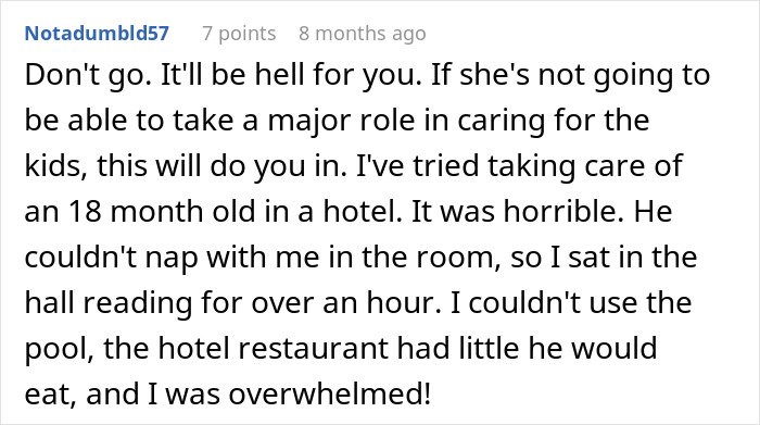 Comment expressing a dad&rsquo;s struggle and overwhelm caring for a toddler during a wife&rsquo;s work trip with the kids.