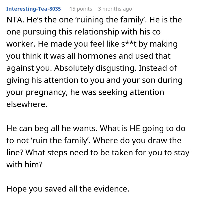 Reddit comment discussing how a man gaslights his pregnant wife, causing marriage issues and regret after failing.