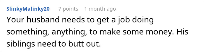 Commenter advising husband to find a job while mentioning family conflicts over support after job loss.