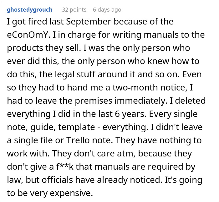 Comment from fired worker explaining project deletion and refusal to do new tasks after being told to start a new project.