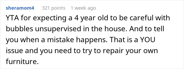 Reddit comment discussing charging a friend for her daughter ruining furniture and responsibility for repair.