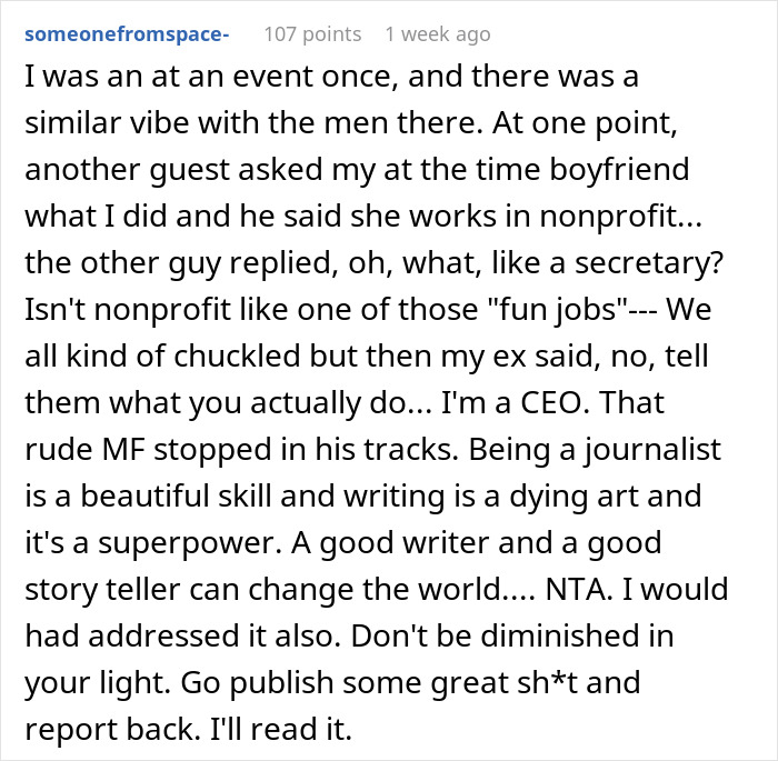 Comment discussing a man undermining his wife&rsquo;s job in front of his boss and her defending her role as CEO.