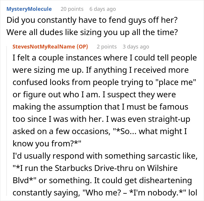 Conversation screenshot showing a man sharing what it was really like to date a famous actress for over a year.