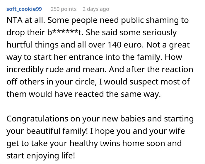 Screenshot of Reddit comment discussing public shaming and reactions in a post about posting SIL's texts online.
