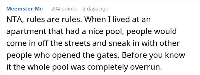 Commenter explains why non-resident family members cannot use condo pool to prevent overcrowding and rule violations.
