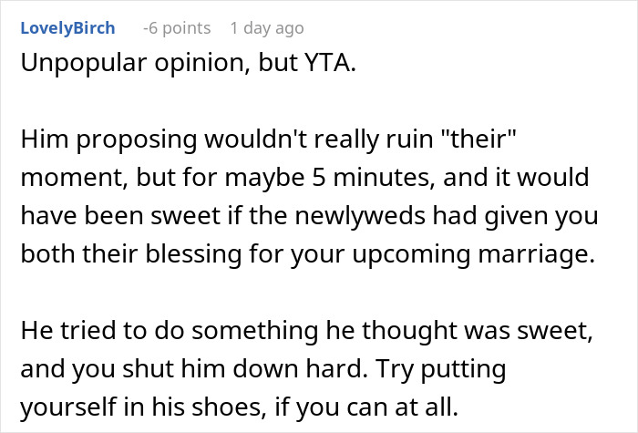 Screenshot of a Reddit comment discussing stopping a boyfriend&rsquo;s proposal at a best friend&rsquo;s wedding and relationship opinions.