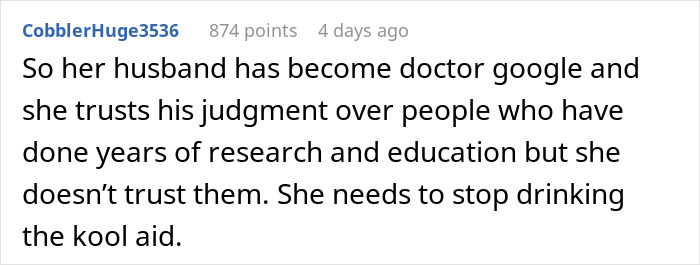Comment about pregnant anti-vaxxer trusting unqualified advice leading to friend avoiding future playdates.
