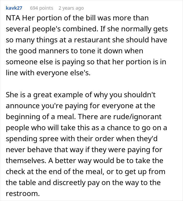 Comment explaining friend&rsquo;s girlfriend ordering expensive meals knowing a guy is paying, causing a backfire at the restaurant.