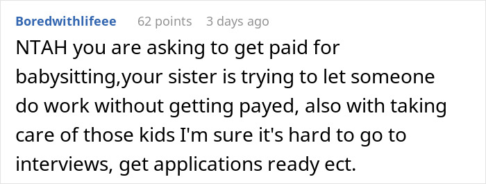 Comment discussing babysitting payment dispute with niece and nephew, highlighting sibling conflict and unfair treatment issues.