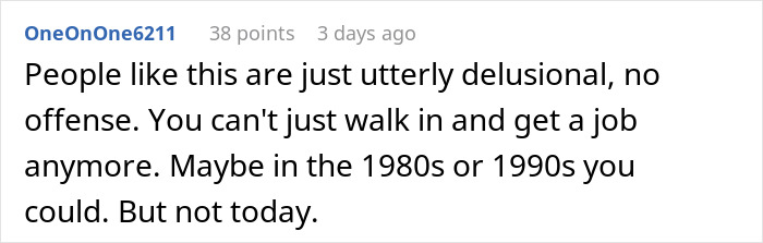 Screenshot of online comment discussing difficulties of getting a job by walking into a physical office in modern times.