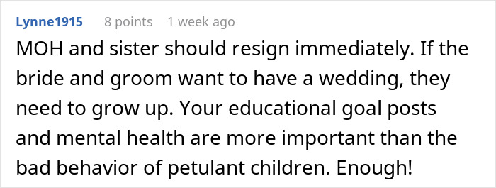 Screenshot of a social media comment discussing couple and maid of honor conflict during wedding planning. Screenshot of a social media comment discussing couple and maid of honor conflict during wedding planning.