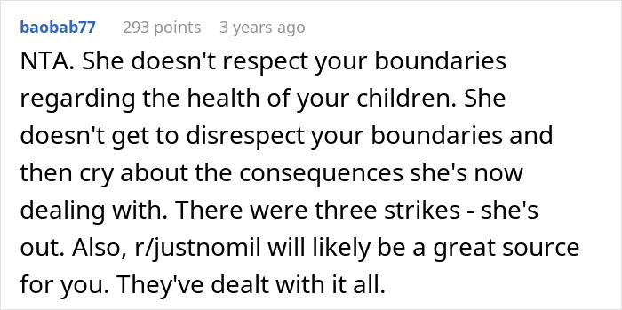 Comment criticizes MIL for disregarding mom&rsquo;s boundaries about kids&rsquo; health and fast food, referencing r/justnomil support.