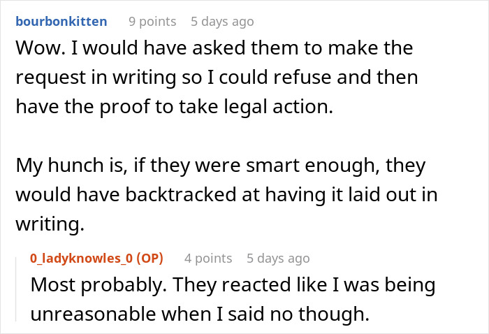 Reddit conversation about being nominated for a risky work task due to not having kids, discussing refusal and legal concerns.
