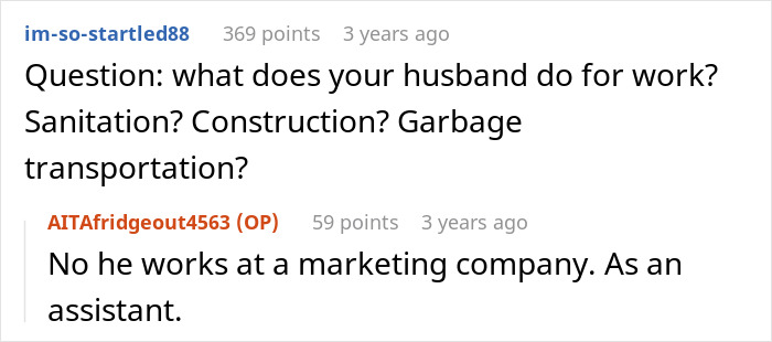 User asks about husband's job in sanitation or construction, OP replies he works as a marketing assistant in a company.
