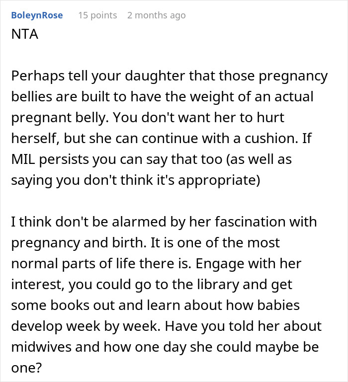 Mom upset over MIL&rsquo;s unusual gift to pregnancy-obsessed 6-year-old, discussing pregnancy belly cushions and child interest guidance.