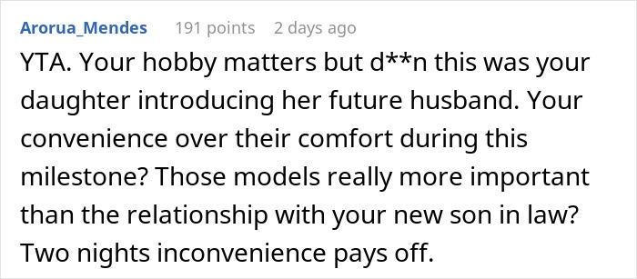 Comment criticizing a guy who prioritizes his miniature wargaming studio over his daughter and her fianc&eacute;&rsquo;s milestone event.