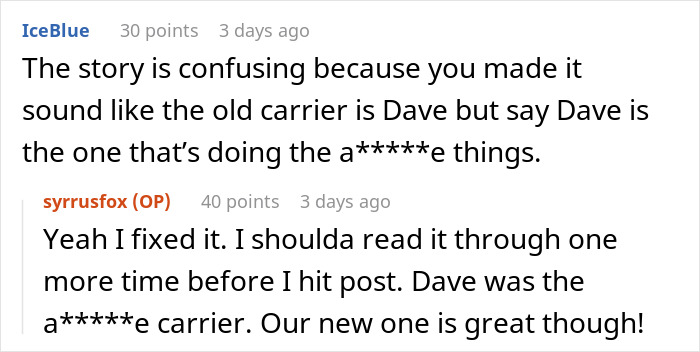 Screenshot of an online forum discussion about a mailman dumping bottles of pee in gardens and a kid&rsquo;s smelly, sticky revenge.