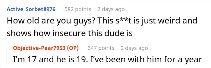 Screenshot of a Reddit conversation about a guy who walks out, unhappy with how his girlfriend connects with her school song performance.