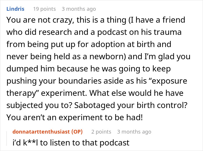 Comment discussing a woman breaking up with her boyfriend after he forced her to hold a newborn despite her trauma.