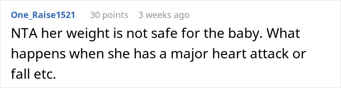 Comment discussing concerns about an obese mom babysitting newborn due to health and safety risks.