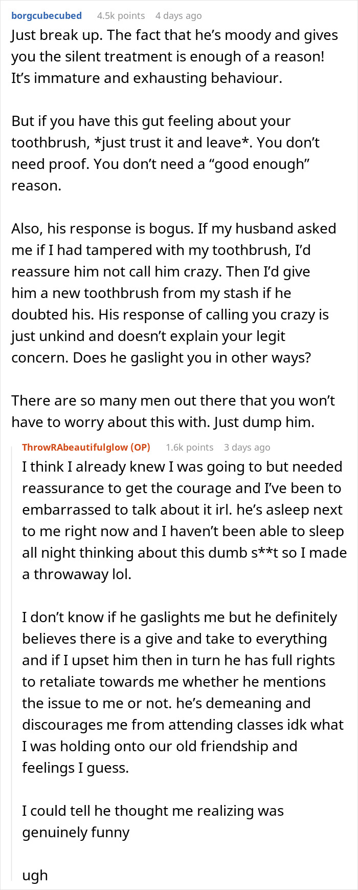 Reddit comments discussing a woman suspecting her boyfriend of messing with her toothbrush and advice to dump him.