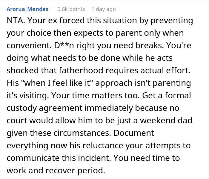 Comment explaining the challenges of co-parenting and the need for custody agreement in baby drop-off and parenting time.