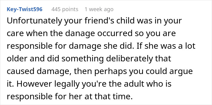 Comment explaining responsibility for furniture damage caused by a friend's child, relating to charging for repairs.