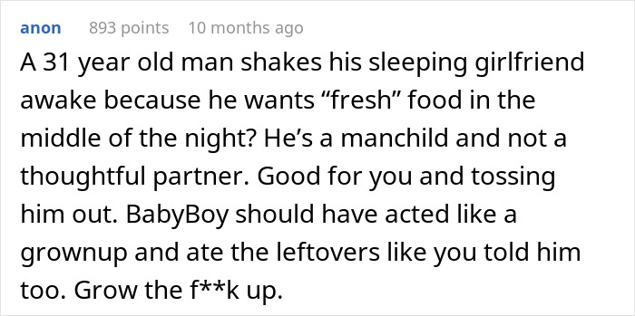 Screenshot of a comment discussing a man demanding food at 2AM, describing him as immature and a bad partner. Screenshot of a comment discussing a man demanding food at 2AM, describing him as immature and a bad partner.