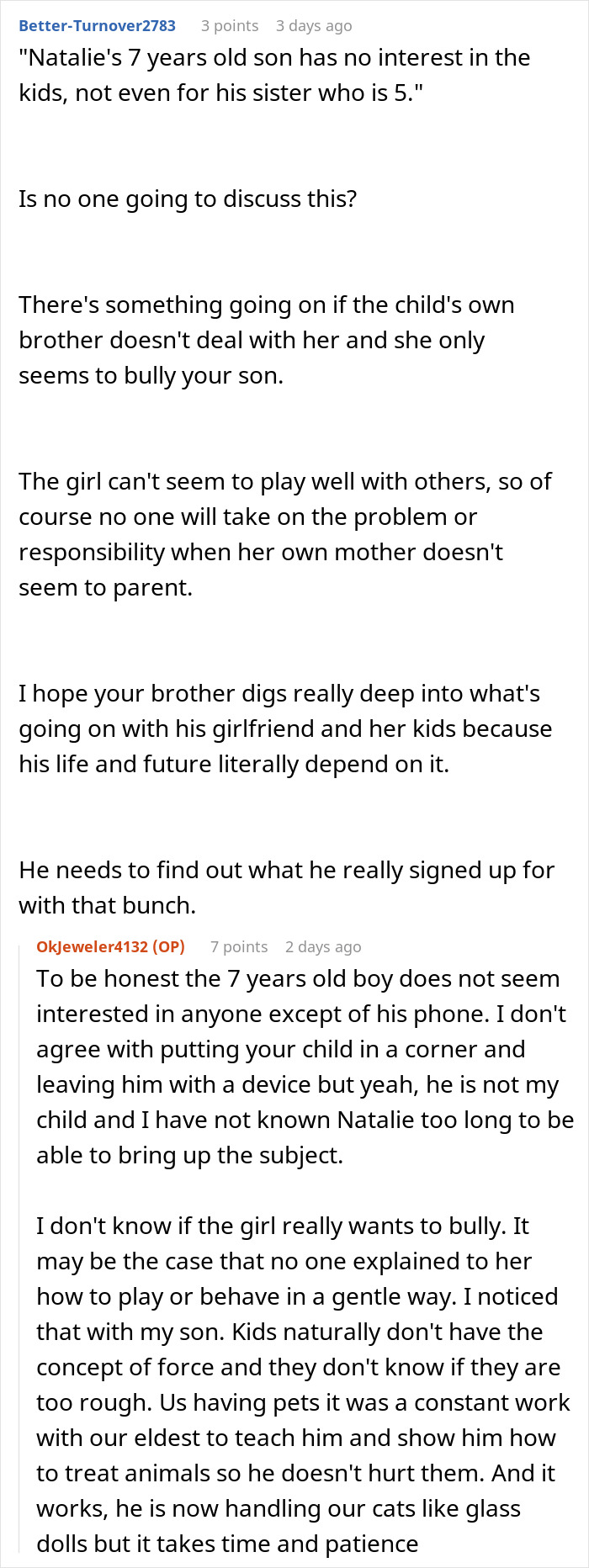 Discussion about telling brother's girlfriend she can't expect equal treatment of her kids compared to own kids in family dynamics.