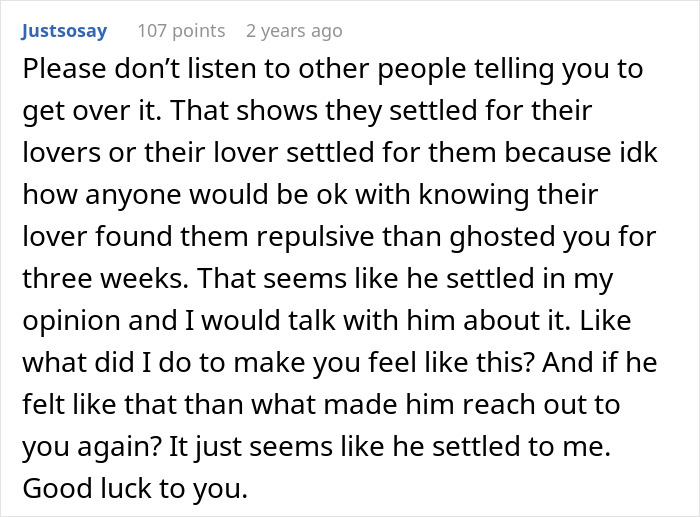 Comment discussing a man admitting he found his wife repulsive on first date and the confusion over her hurt feelings.