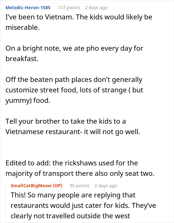 Man plans life-changing trip after cancer battle but reconsiders due to brother&rsquo;s picky kids affecting travel plans.