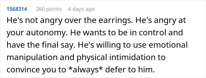 Comment discussing a dad throwing a fit over his wife's choice to take their daughter to get ears pierced. Comment discussing a dad throwing a fit over his wife's choice to take their daughter to get ears pierced.