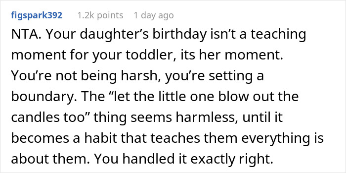 Screenshot of a Reddit comment discussing setting boundaries on toddler behavior during sibling birthday cake moments. Screenshot of a Reddit comment discussing setting boundaries on toddler behavior during sibling birthday cake moments.