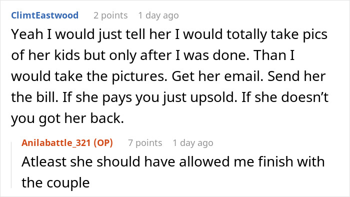 Alt text: Online discussion about an entitled mom interrupting a couple&rsquo;s photoshoot to demand free pics of her kids.