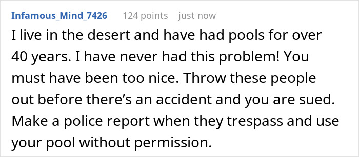Comment warning about neighbors sending their relatives to use the pool without consent and advising legal action.