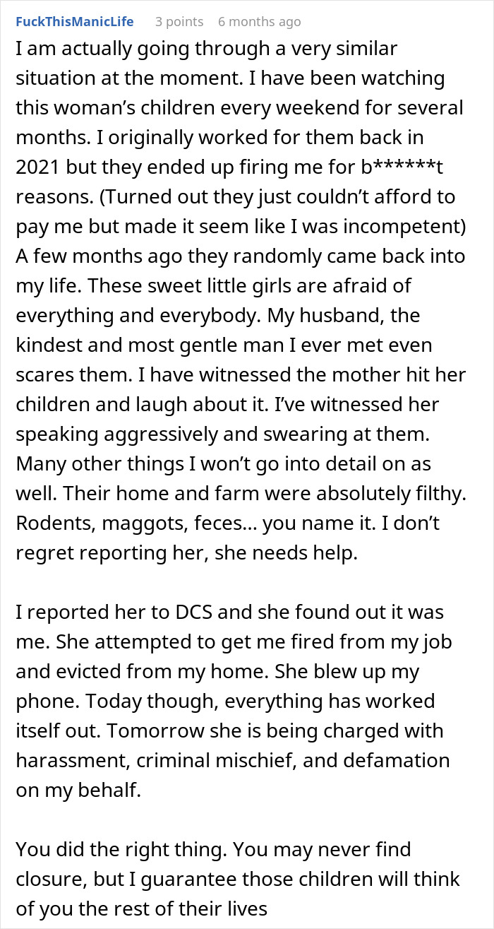Screenshot of a Reddit comment describing a babysitter witnessing poor kids living conditions and reporting to CPS.
