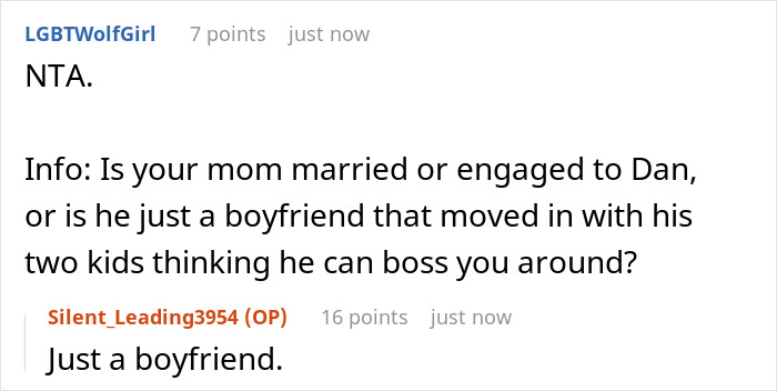 Reddit conversation about mom&rsquo;s new boyfriend&rsquo;s kids wrecking teen&rsquo;s room and causing conflict at home.