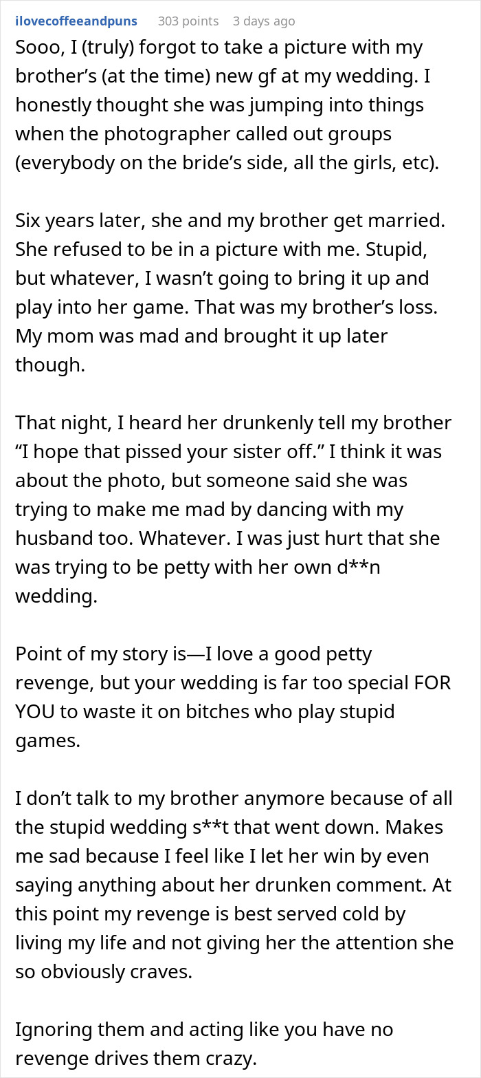 Text post sharing a woman's story about wedding revenge causing family drama and controversy around another woman.