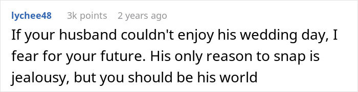 Comment about husband&rsquo;s jealousy at the wedding, expressing concern over future and emotional conflict.