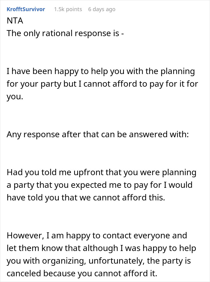 Text excerpt discussing mother-in-law expecting daughter-in-law to pay for an expensive birthday party for eight people.