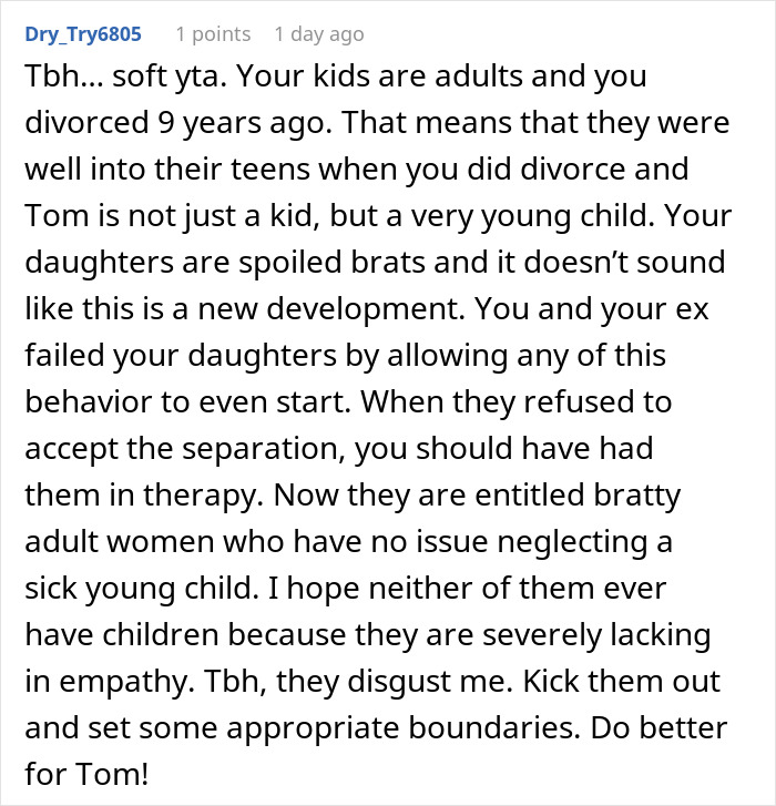 Comment discussing mom blowing up at daughters for neglecting their half-brother and calling them pathetic for their behavior.