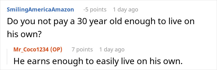 Screenshot of a Reddit conversation about a helicopter mom calling her 30-year-old son&rsquo;s boss demanding he come home.