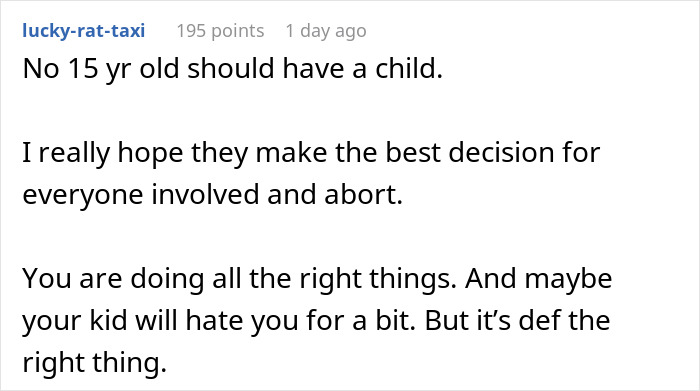 Screenshot of a forum comment discussing a teen son getting his girlfriend pregnant on purpose and its consequences.