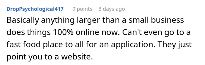 Screenshot of a Reddit comment discussing how most jobs and applications are now handled 100% online, not in physical offices.
