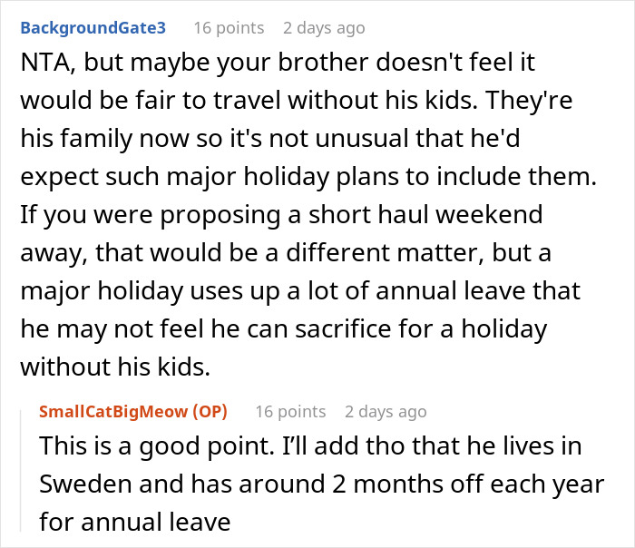 Reddit discussion about man planning life-changing trip after cancer battle, conflicts with brother&rsquo;s picky kids attending.