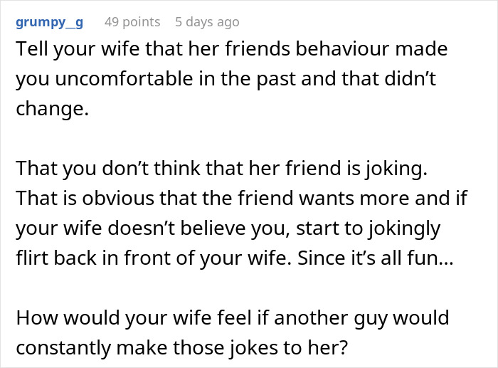 Screenshot of Reddit comment discussing discomfort with wife's best friend joking about wanting his baby and relationship boundaries.