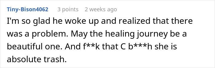 Screenshot of a comment expressing support for healing after a favor led to humiliation in a husband's childhood best friend story.