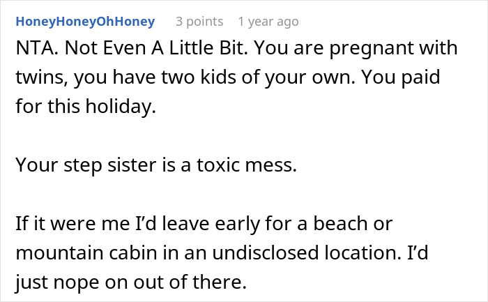 Reddit comment discussing woman refusing to babysit step sister&rsquo;s kids during her holiday, causing family drama.
